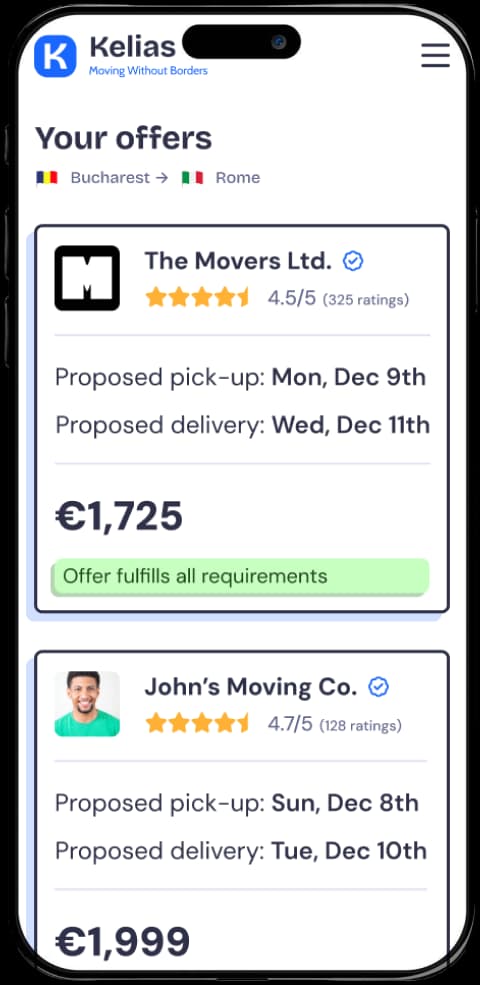 A screenshot of the Kelias app showing a list of offers from different moving companies