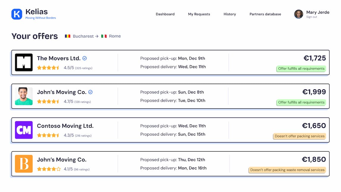 A screenshot of the Kelias app showing a list of offers from different moving companies